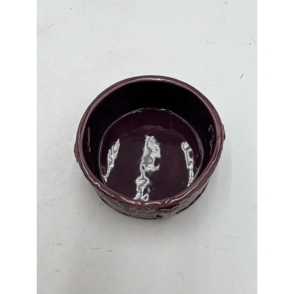Purple Ceramic Dog Bowl RG Signed Floral Bone Design 5